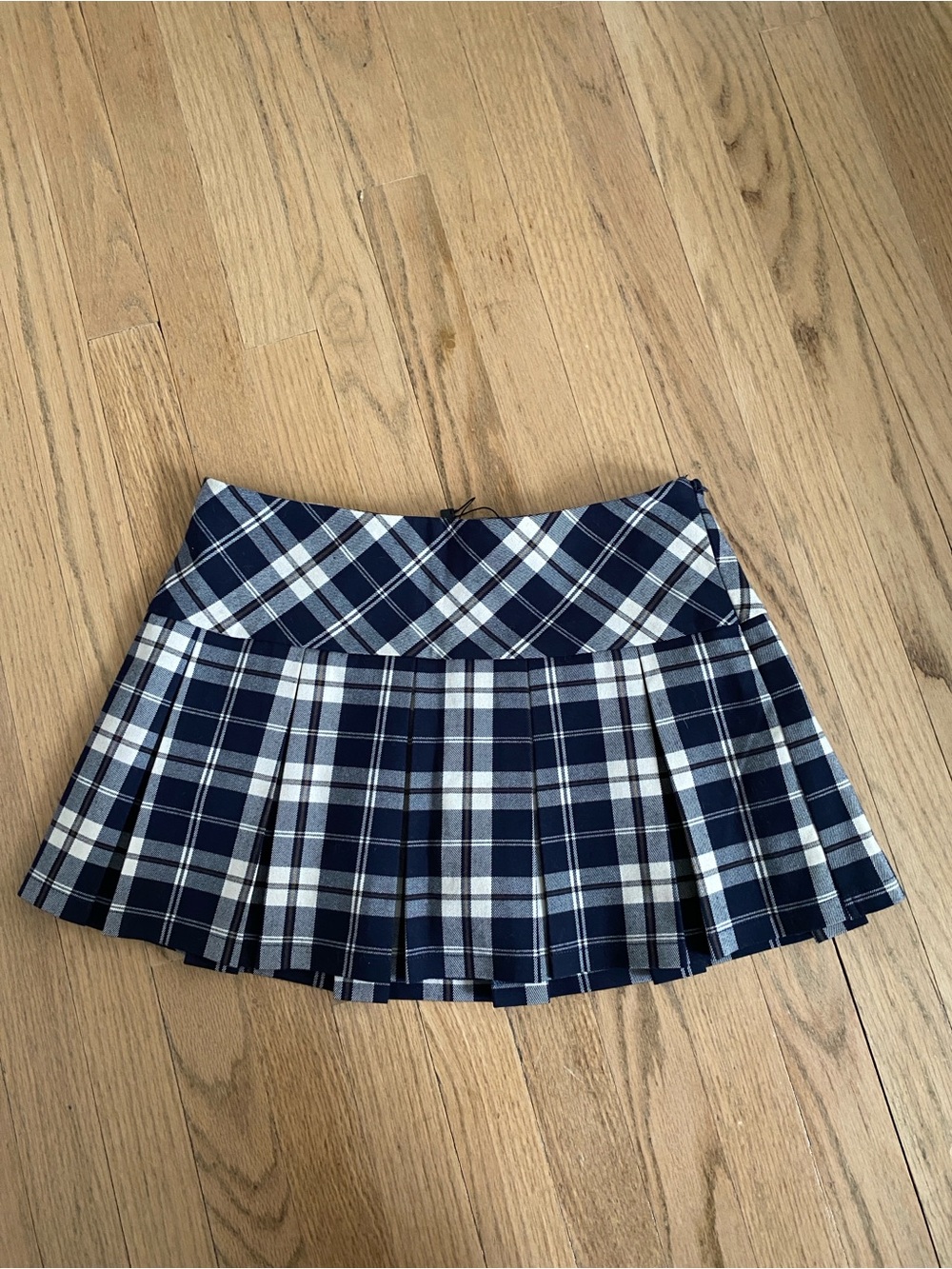 Garage Navy and White Plaid Pleated Skirt